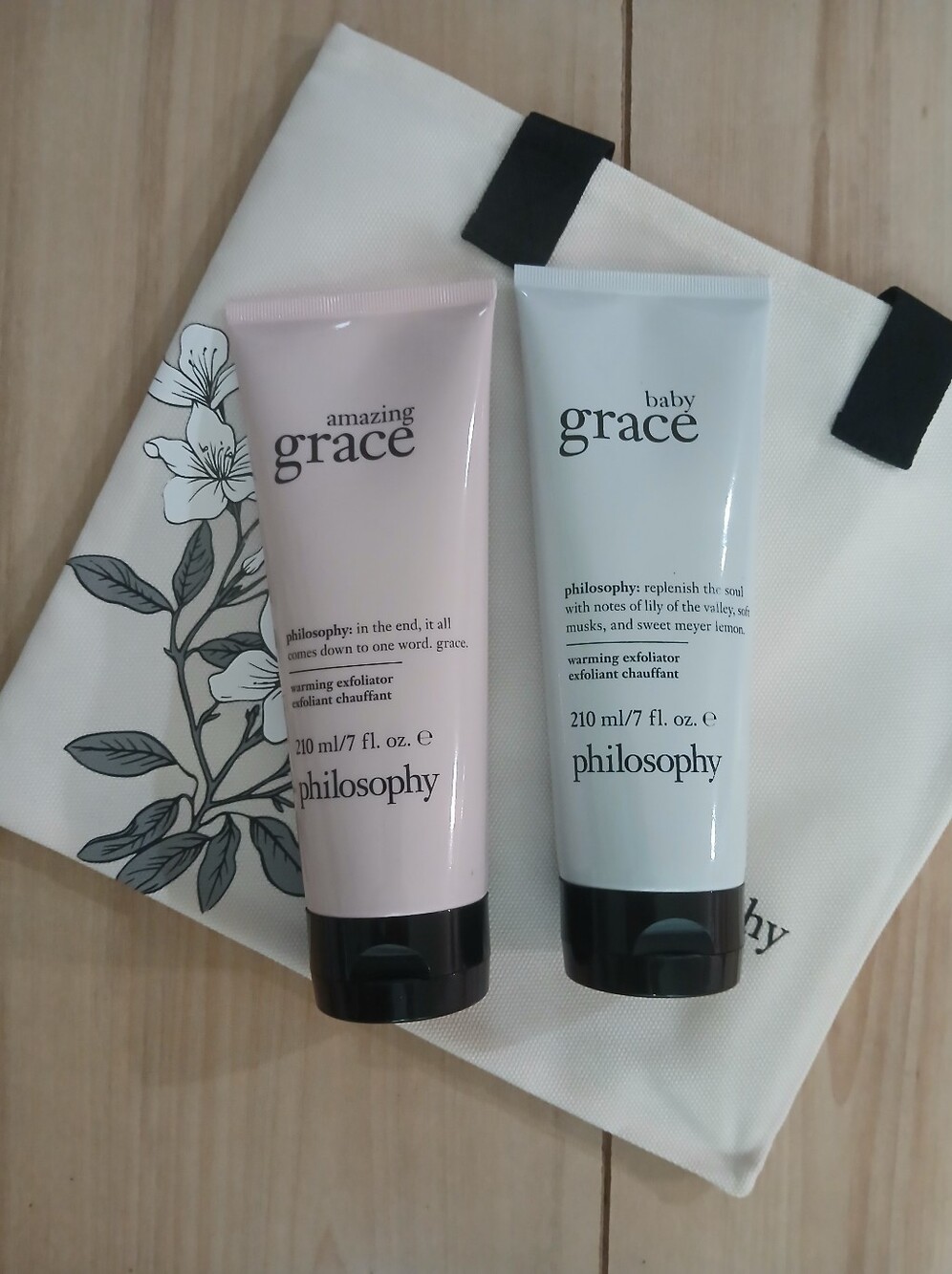 Philosophy Amazing Grace & Baby Grace Exfoliators ~ Full Sizes With Tote